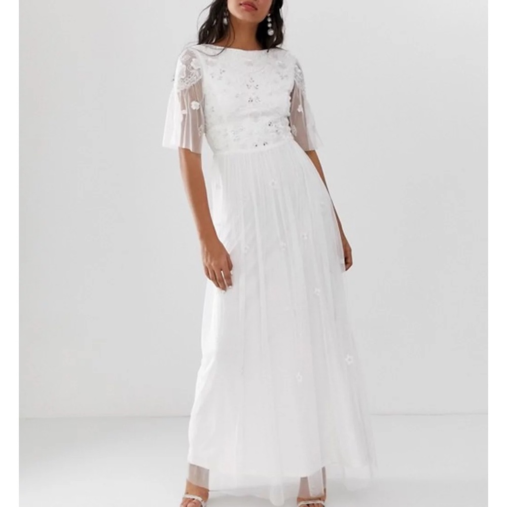 Amalia Rose White Embellished Maxi Dress with sheer sleeve in off white